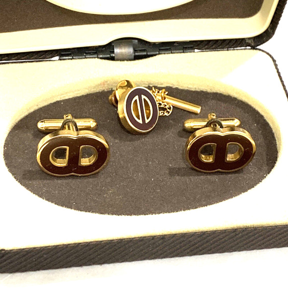 Vintage Swank jewelry set mens cufflinks and tie tack goldtone dark brown enamel - Picture 2 of 7